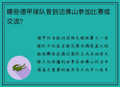 哪些德甲球队曾到访佛山参加比赛或交流？